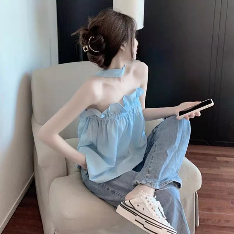 一字肩上衣高級感女2025夏季新款設計感小眾木耳邊吊帶背心女外穿
