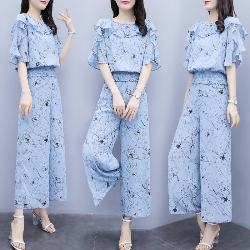 2025 new explosive print suit for women summer two-piece floral top wide-leg pants casual fashion suit for women