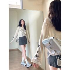 White Printed Ice Silk Sun Protection Long Sleeve T-shirt for Women - Summer Thin Model with Drape, Loose Fit, Outerwear Air Conditioning Cover Shirt Top