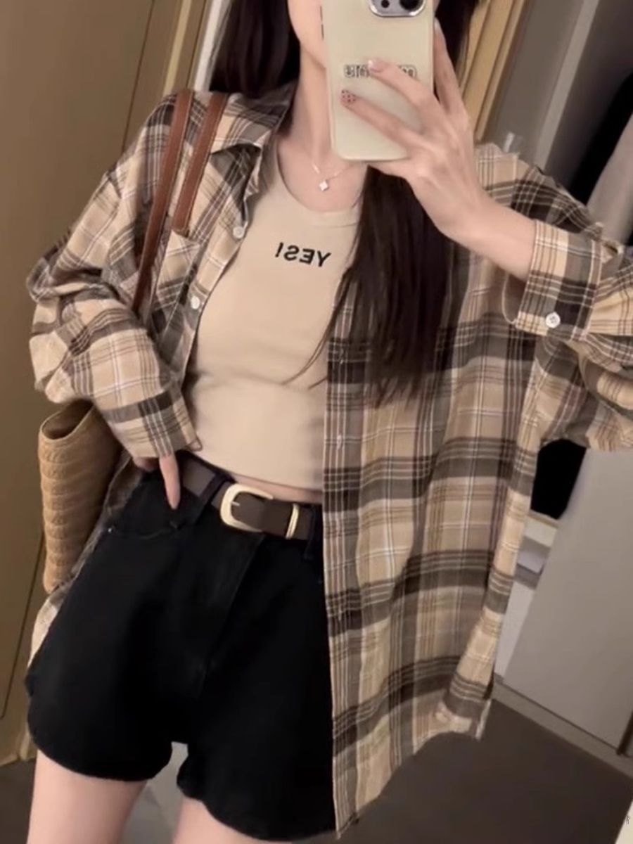 Spring and summer sunscreen shirt lazy style casual checked long-sleeved shirt for women 2025 new Korean style slim mid-length shirt