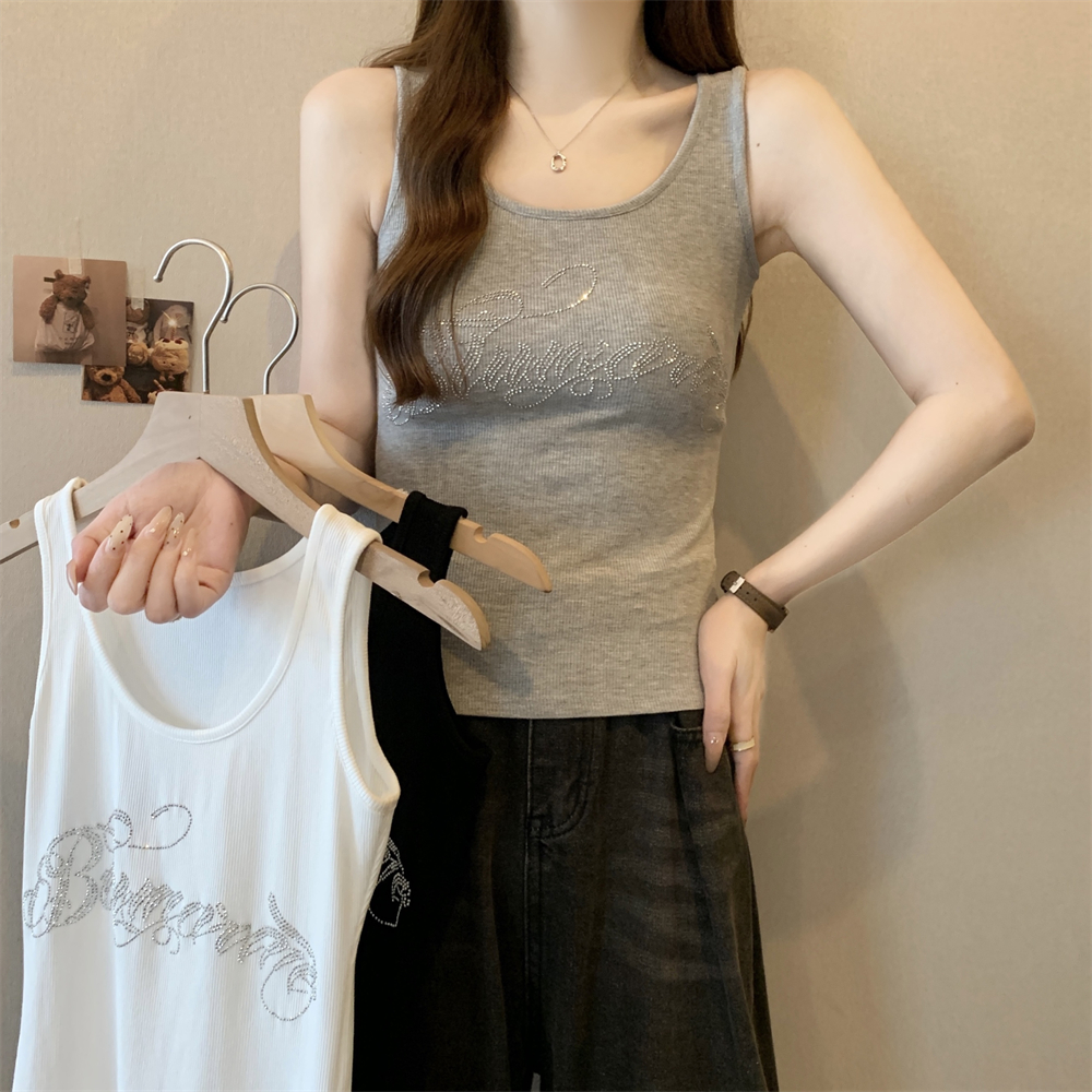 實拍  40支純棉210克92棉/8氨綸工字吊帶背心女燙鑽
