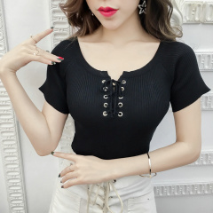 夏裝新款胸前交叉系帶套頭女裝短袖針織衫純色上衣女