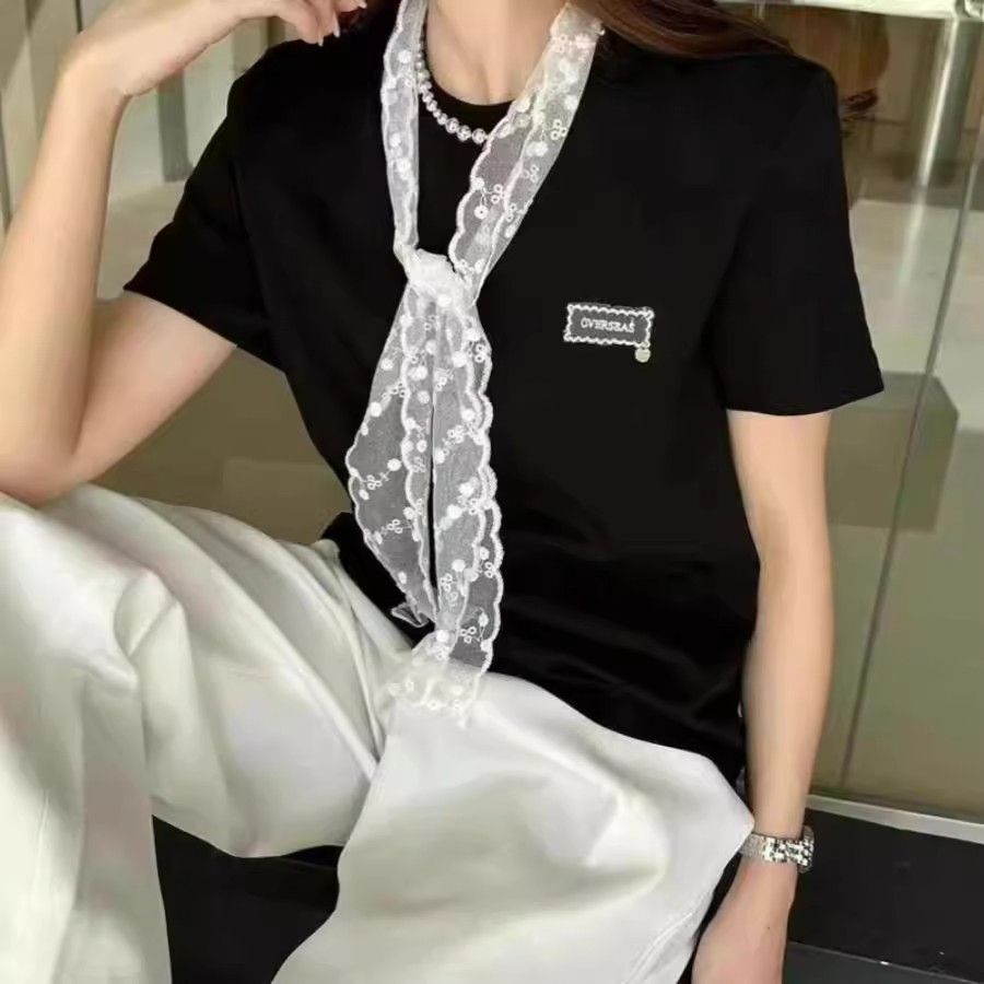 配蕾絲絲巾字母小標洋氣百搭短袖T恤女春夏上衣