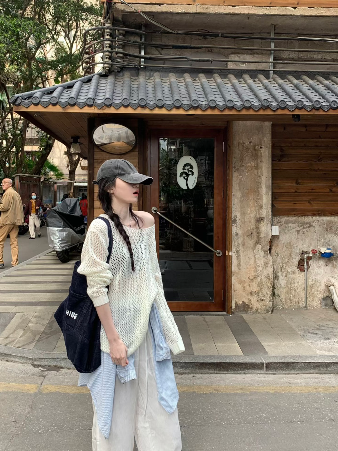 kumikumi laziness style hollow loose long-sleeved sweater for women in spring age-reducing chic mid-length pullover top
