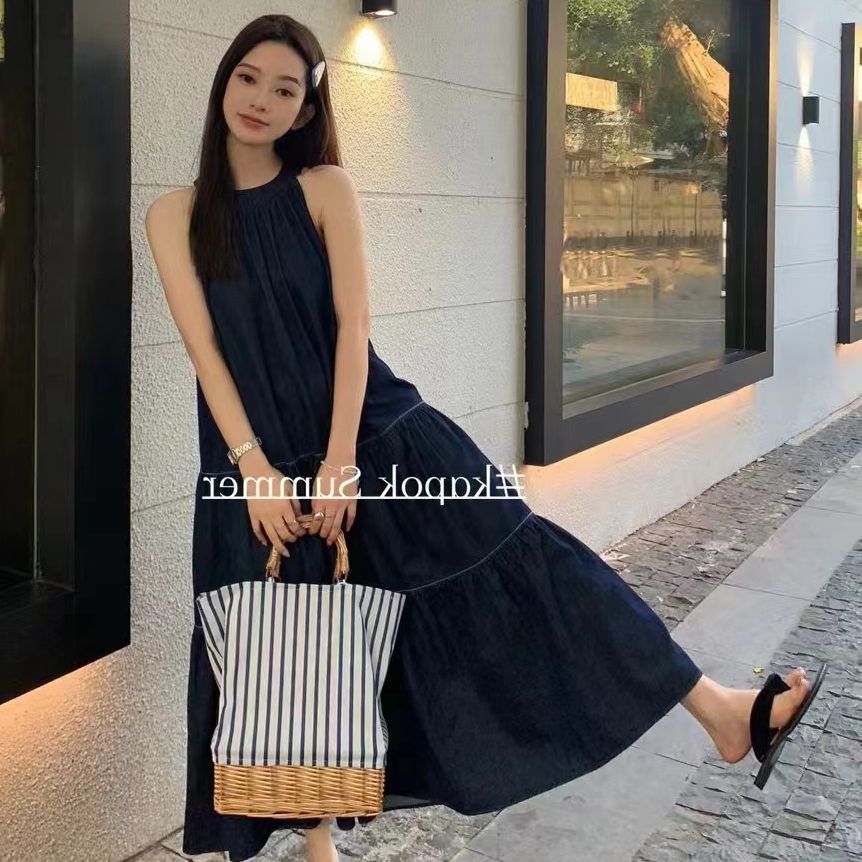 M denim dress for women summer large size slightly fat girls retro halter neck simple design sleeveless A-line vest skirt
