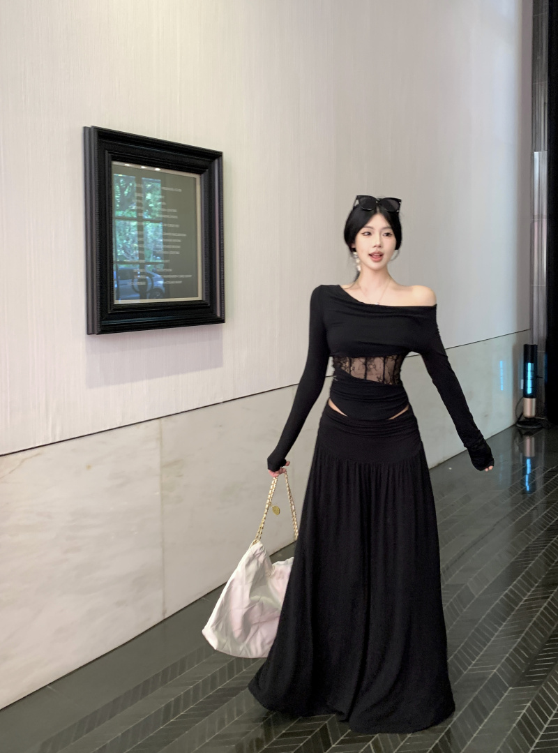 Real shot, fragrant soft Crush design sense, one-shoulder hollow lace, pleated base shirt and skirt suit