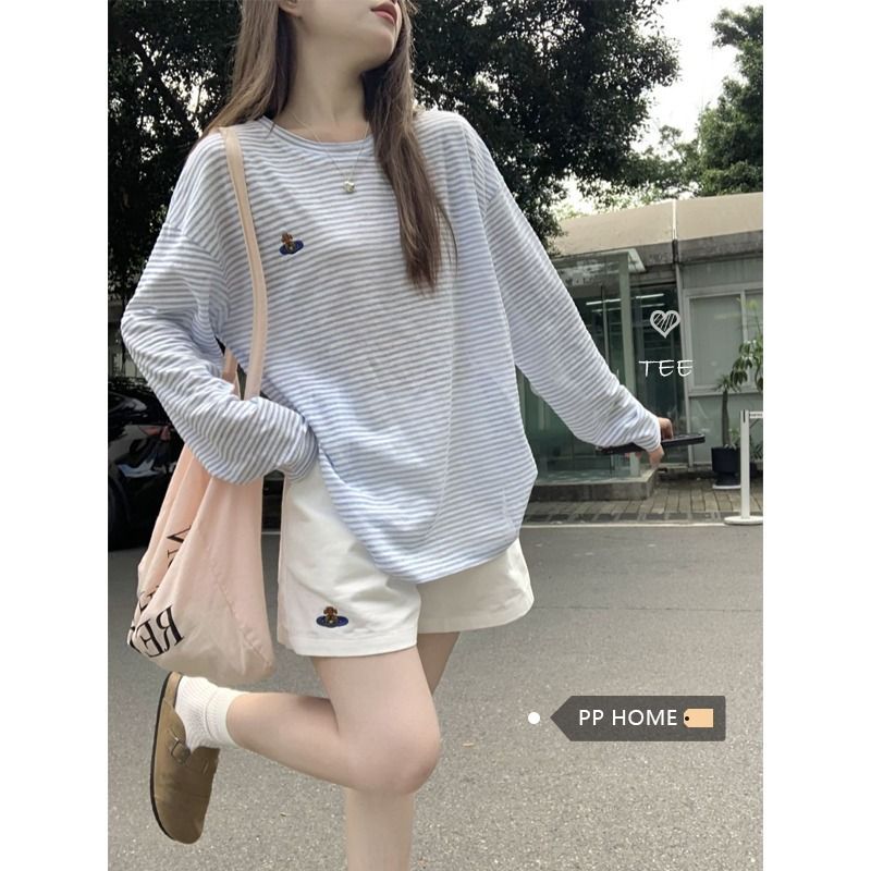 色織條 經典百搭條紋長袖T恤女夏季薄款防曬罩衫寬鬆上衣