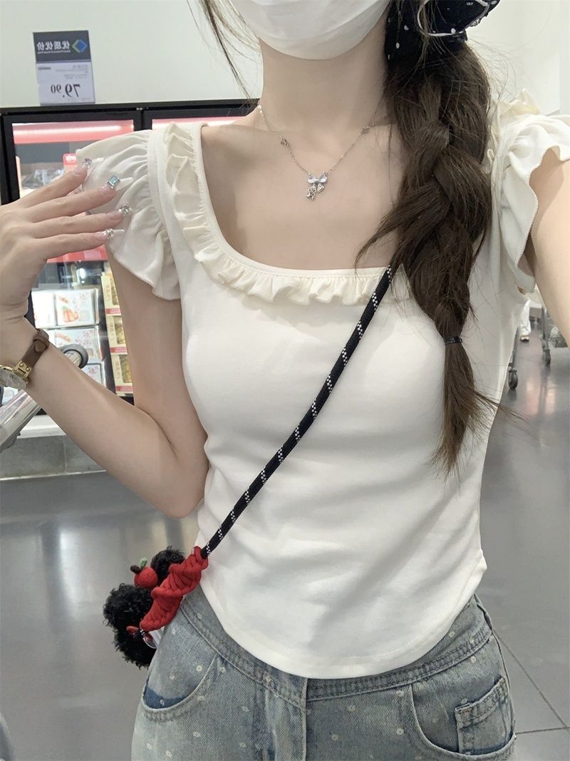 時尚正肩方領短袖T恤女夏季韓系蝴蝶結純欲辣妹弧形下擺短款上衣