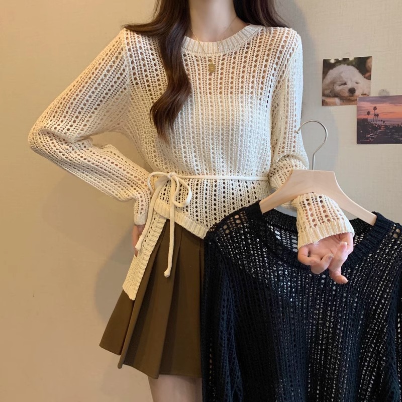 Round neck irregular hook-flowered hollow sweater lace waist-closing sunscreen blouse thin lazy style top air conditioning shirt