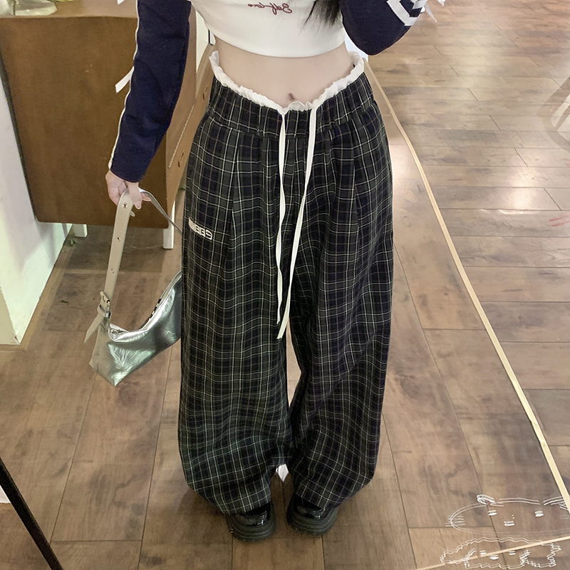 實拍 純棉梭織格 美式拼接格子闊腿褲女高腰寬鬆休閒褲長褲子