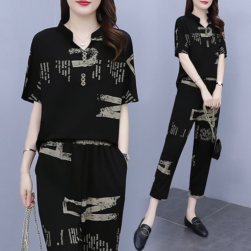 #200 catties fat mm large size suit for women in summer new casual and fashionable loose short-sleeved wide-leg pants two-piece set