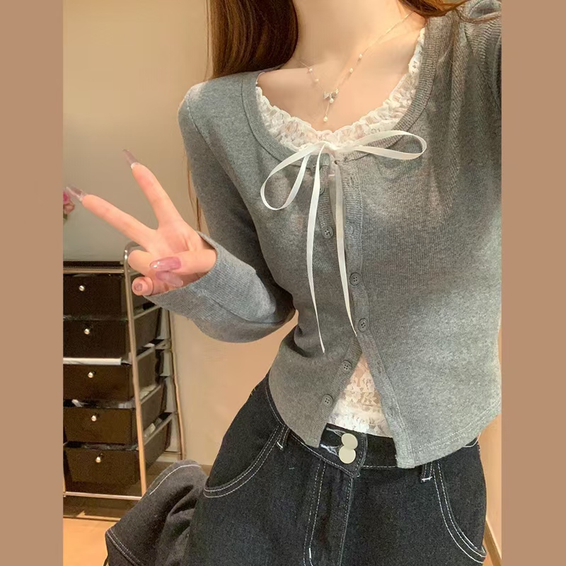 韓系純欲假兩件長袖T恤打底衫女拼接蕾絲短款上衣