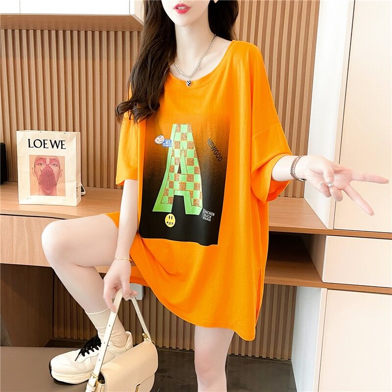 Quality/Close-close-locking cotton/rear collar/medium-length slit short-sleeved T-shirt for women
