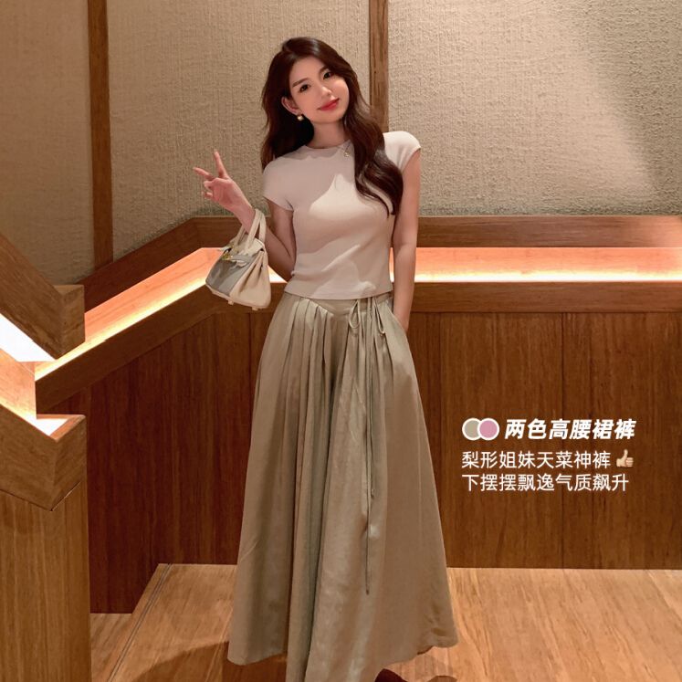 Ice silk thin style fluttering pleated skirts for women 2025 summer loose wide-leg skirts for casual pants long high waist