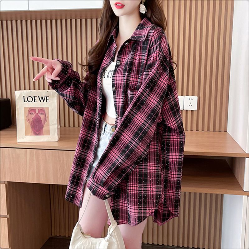 Official picture 100% polyester heavy industry diamond inlay 2025 spring and autumn thin plaid shirt loose medium length for women