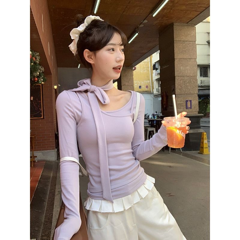 紫色假兩件綁帶打底衫女修身顯瘦疊穿設計感上衣