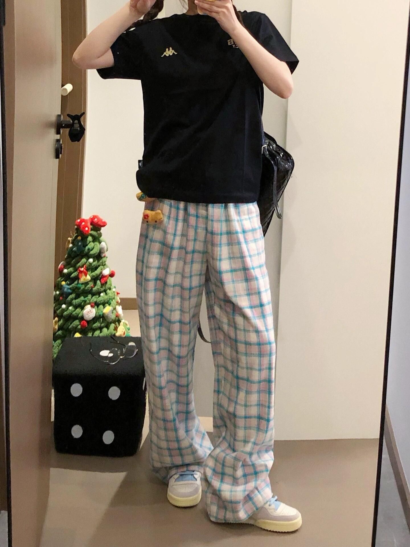 Design-sensible detachable plaid pants for women's summer new high-waist slimming straight loose wide-leg casual pants