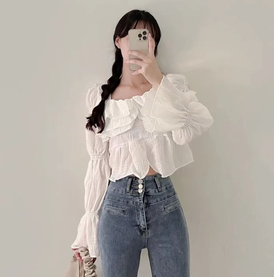 Women's Square Collar Bell Sleeve Long Sleeve Lace Blouse Light Mature Style Chiffon Top Spring Summer Thin Short Dress
