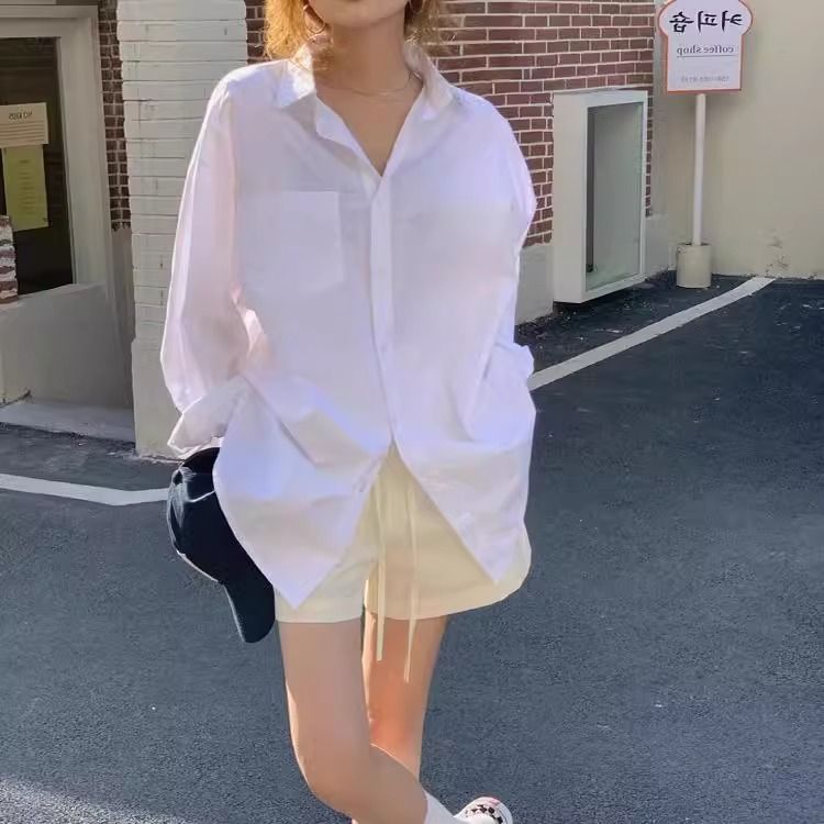 2025 spring new white shirt female design boyfriend style niche forest style versatile loose long top