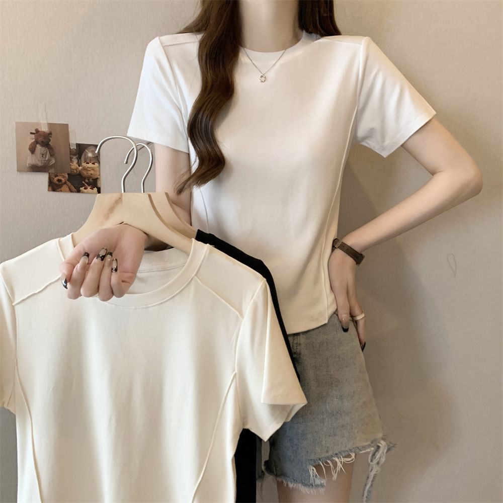 Real shot #40 pure cotton 210g 92 cotton/8 spandex design short-sleeved T-shirt for women