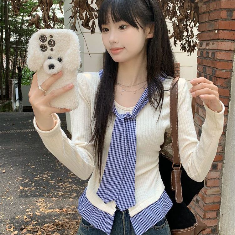 英倫風系帶圍巾領打底衫女秋裝超好看荷葉邊拼接假兩件通勤上衣潮