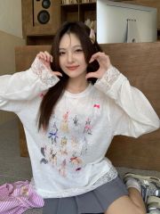 竹節棉蕾絲花邊小狗印花長袖T恤女夏季新款防曬上衣