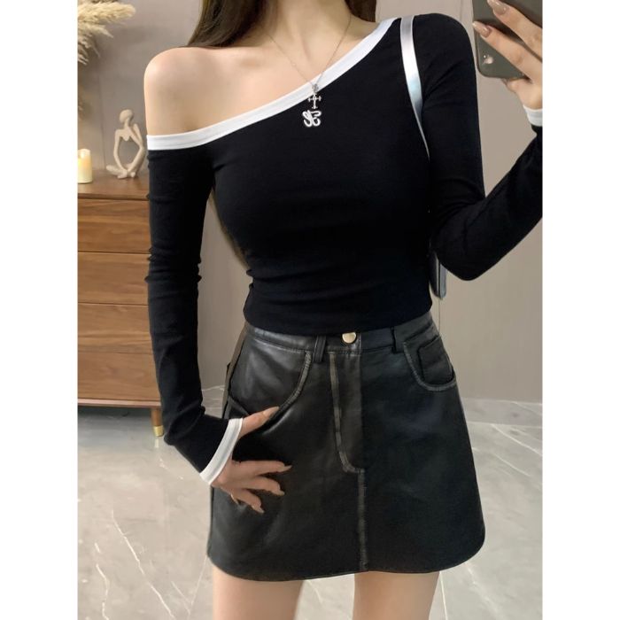 Pure sexy contrasting color off-shoulder long-sleeved T-shirt women's chic base top