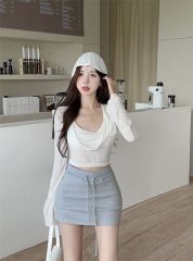 辣妹廢土風連帽長袖防曬T恤女裝夏季卡其修身短款露臍上衣