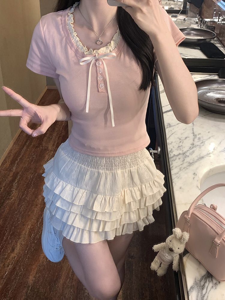 260克隨心裁1x1修身短袖T恤女夏季V領拼色正肩短款上衣