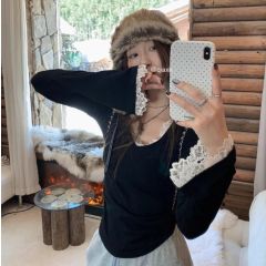 純欲風花邊拼接V領喇叭長袖T恤女秋冬德絨修身顯瘦短款甜辣妹上衣