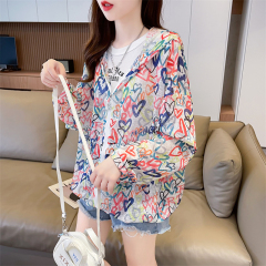 Real photo of ice silk air conditioner shirt thin mid-length loose cardigan zipper sun protection jacket hooded jacket for women