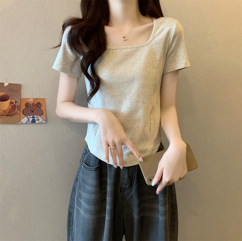 實拍  40支純棉210克92棉/8氨綸方領設計感短袖T恤女