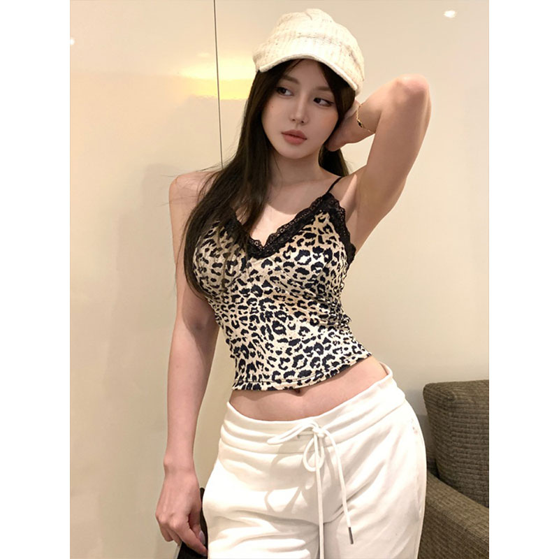 復古豹紋蕾絲v領吊帶背心女裝內搭短款修身打底美背抹胸上衣