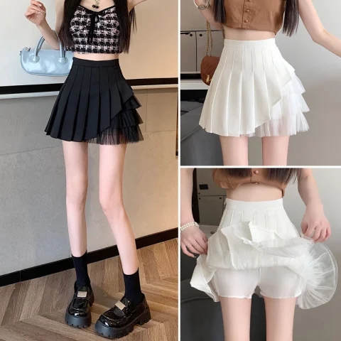 Pleated skirt spliced ​​mesh women's A-line Korean style college style high waist slim A-line skirt small short skirt trendy