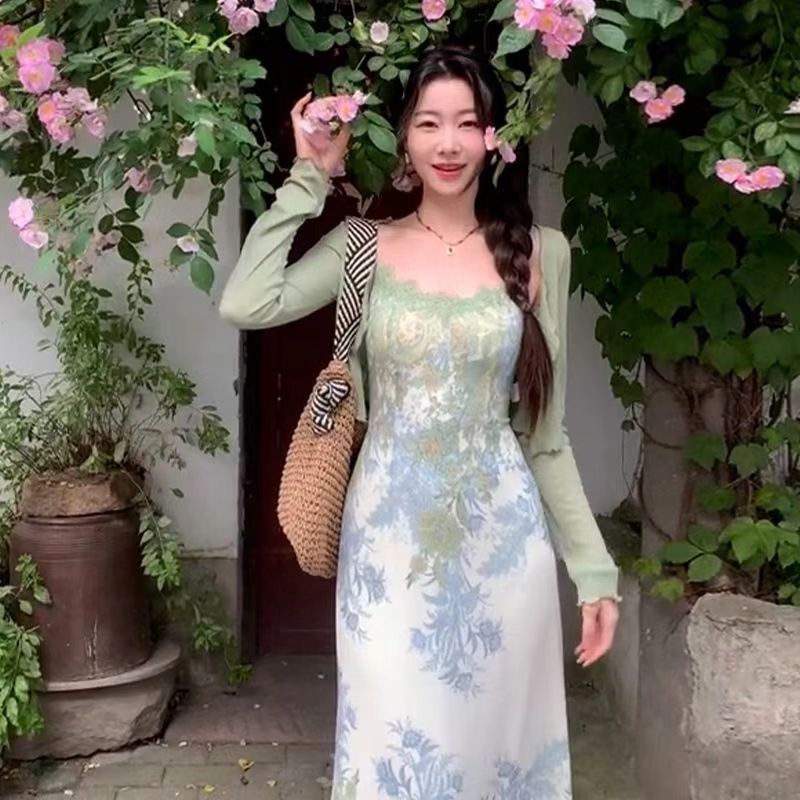 EI Yaohua Blooms and Pepper Summer New Chinese Style Retro Flower Dress Women's Summer Cardigan Sling Two-piece Set