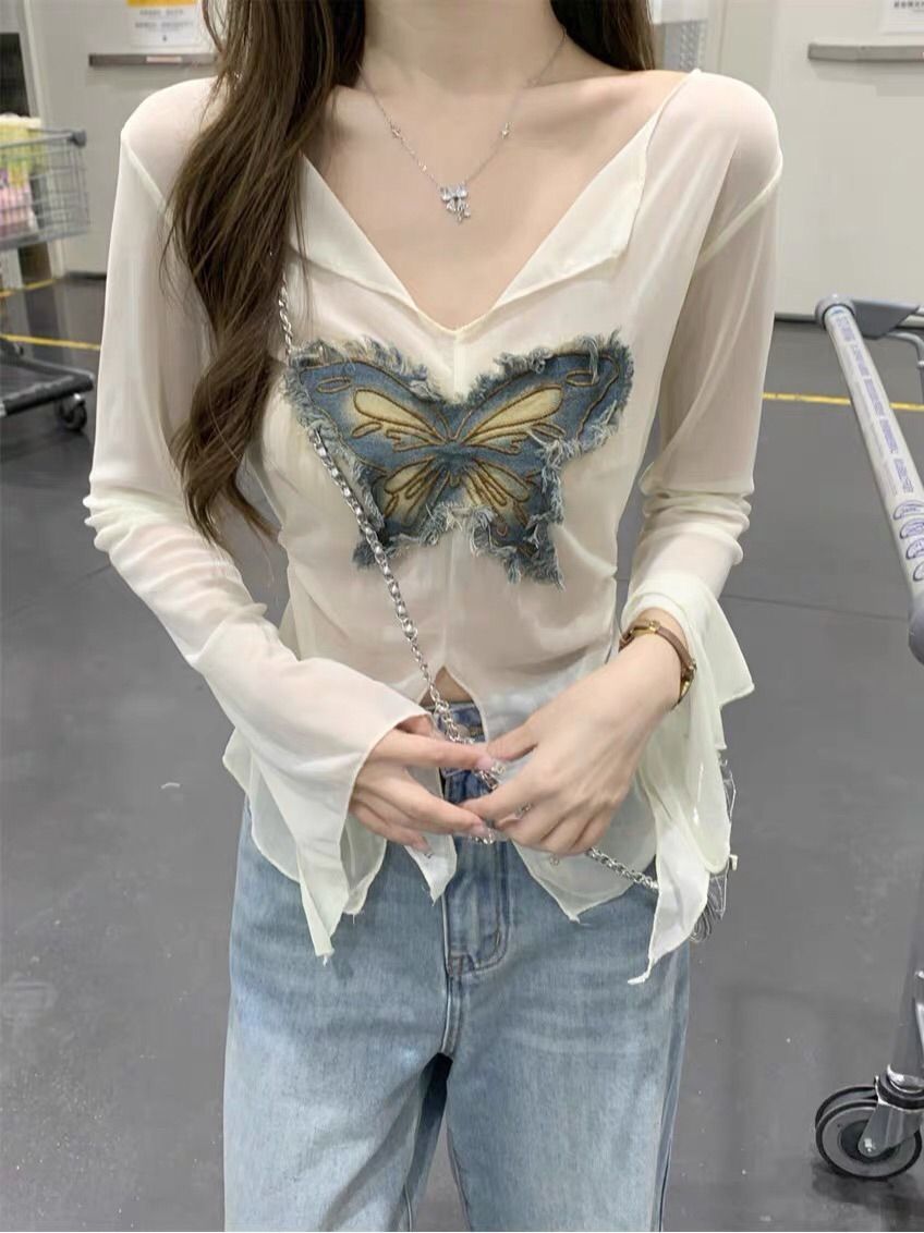 40D 網紗法式蝴蝶辣妹開叉防曬長袖T恤女夏收腰顯瘦罩衫上衣