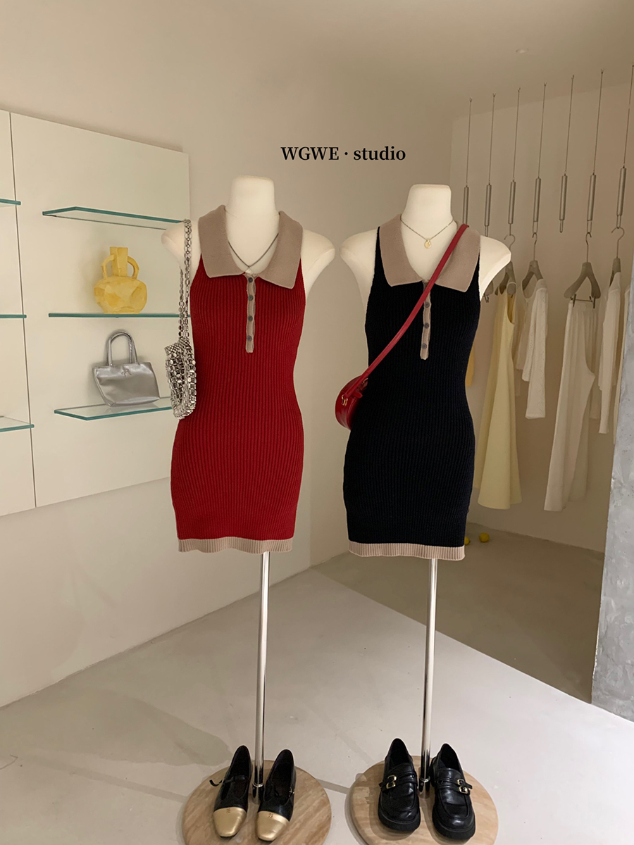 Women's Short Sleeve Red Polo Knit Dress, Bodycon Fitted Waist Base Layer Sweet and Spicy Bustier Mini Skirt