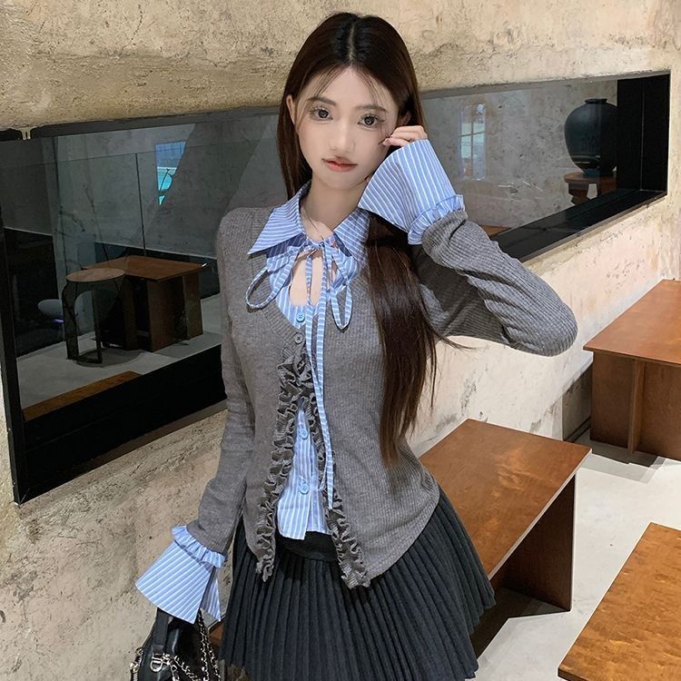 木耳邊格子拼接系帶長袖女2025春季新款假兩件純欲顯瘦開衫