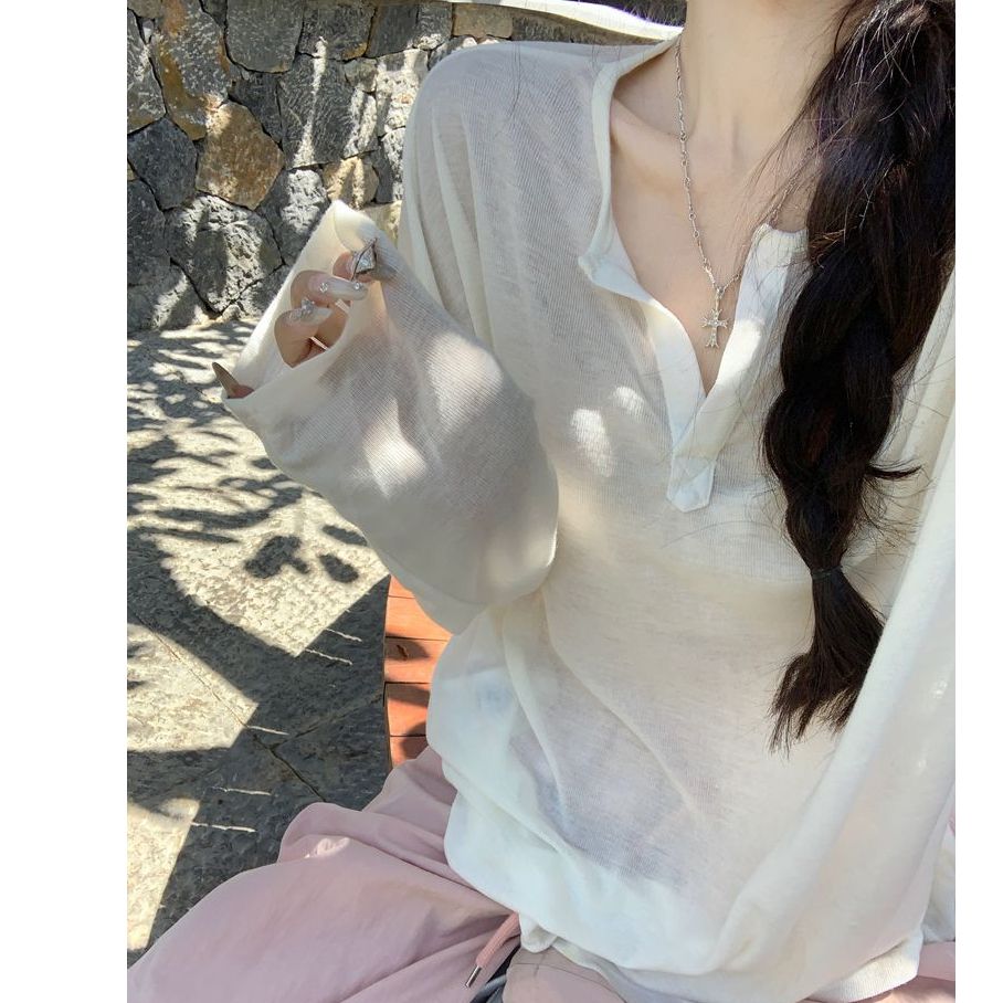 雪花麻透視薄款V領長袖T恤夏季新款寬鬆休閒chic防曬罩衫上衣