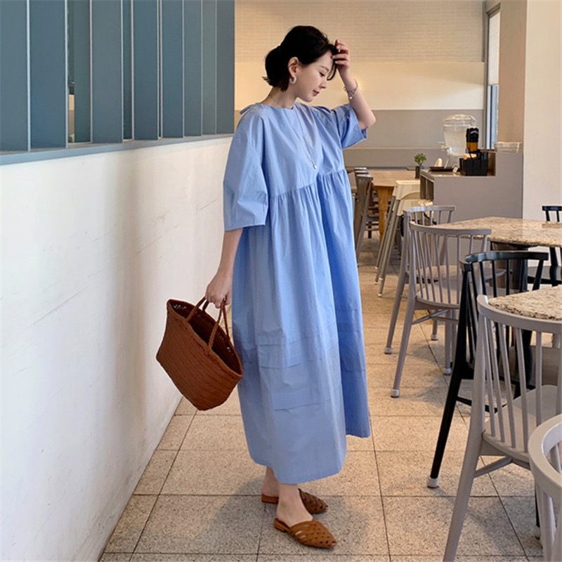 韓國chic夏季復古小眾簡約純色寬鬆泡泡袖長款拼接連衣裙女