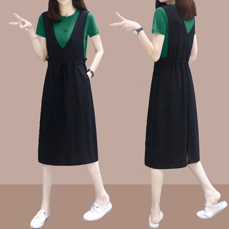 Large size women's clothing 2025 new Korean style loose slim black dress for women summer waist-hugging temperament A-line small black skirt