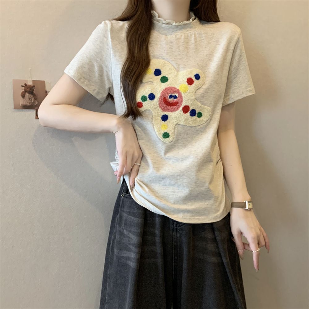 實拍 40支純棉210克92棉/8氨綸短袖T恤女毛巾繡蕾絲