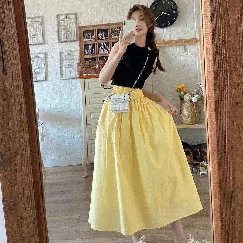 2025 summer new pure and fashionable drooping niche elastic waist A-line skirt