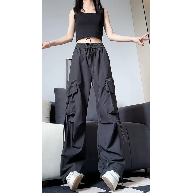 Black ice silk quick-drying workwear multi-pocket pants men's functional nylon pleated parachute charge long trousers summer thin style
