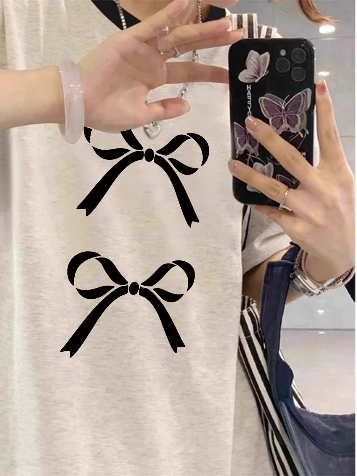 高質量純棉220克精梳緊密印花三條槓寬鬆大版落肩短袖恤女