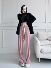 Design-sensory pleated wide-leg floor-sliding pants for women in spring and autumn thin high waist draping casual texture straight trousers