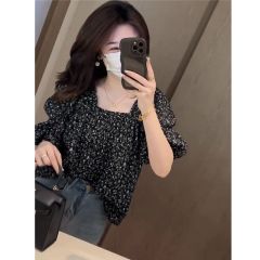 Floral loose chiffon shirt 2025 short-sleeved fashionable age-reducing French special small top