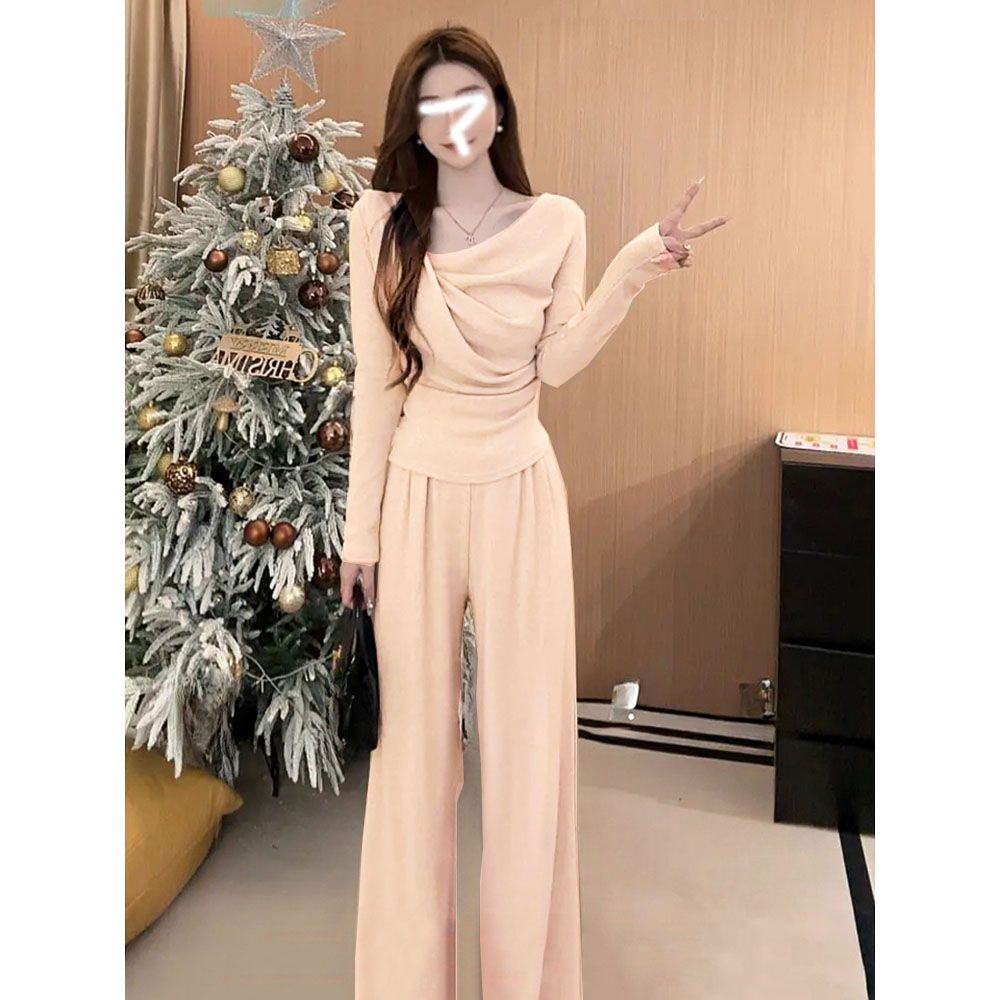 溫柔風休閒時尚顯瘦氣洋氣質套裝女秋冬不規則褶皺上衣百搭闊腿褲