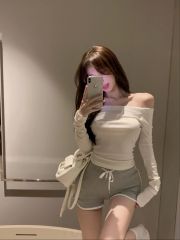 辣妹一字肩性感長袖T恤女秋季純欲風白色露肩修身氣質打底衫上衣