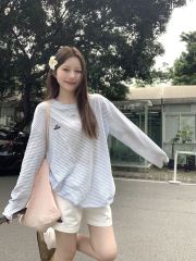 經典百搭條紋長袖T恤女夏季薄款防曬罩衫寬鬆上衣